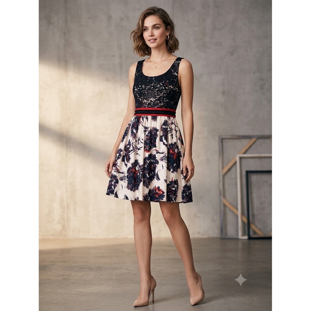 Peter Som Made in Kind‎ Black Lace Floral Fit Flare Dress Red Trim Sz 10